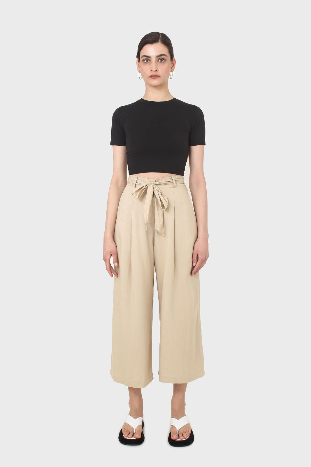 Beige soft tie waist wide leg trousers