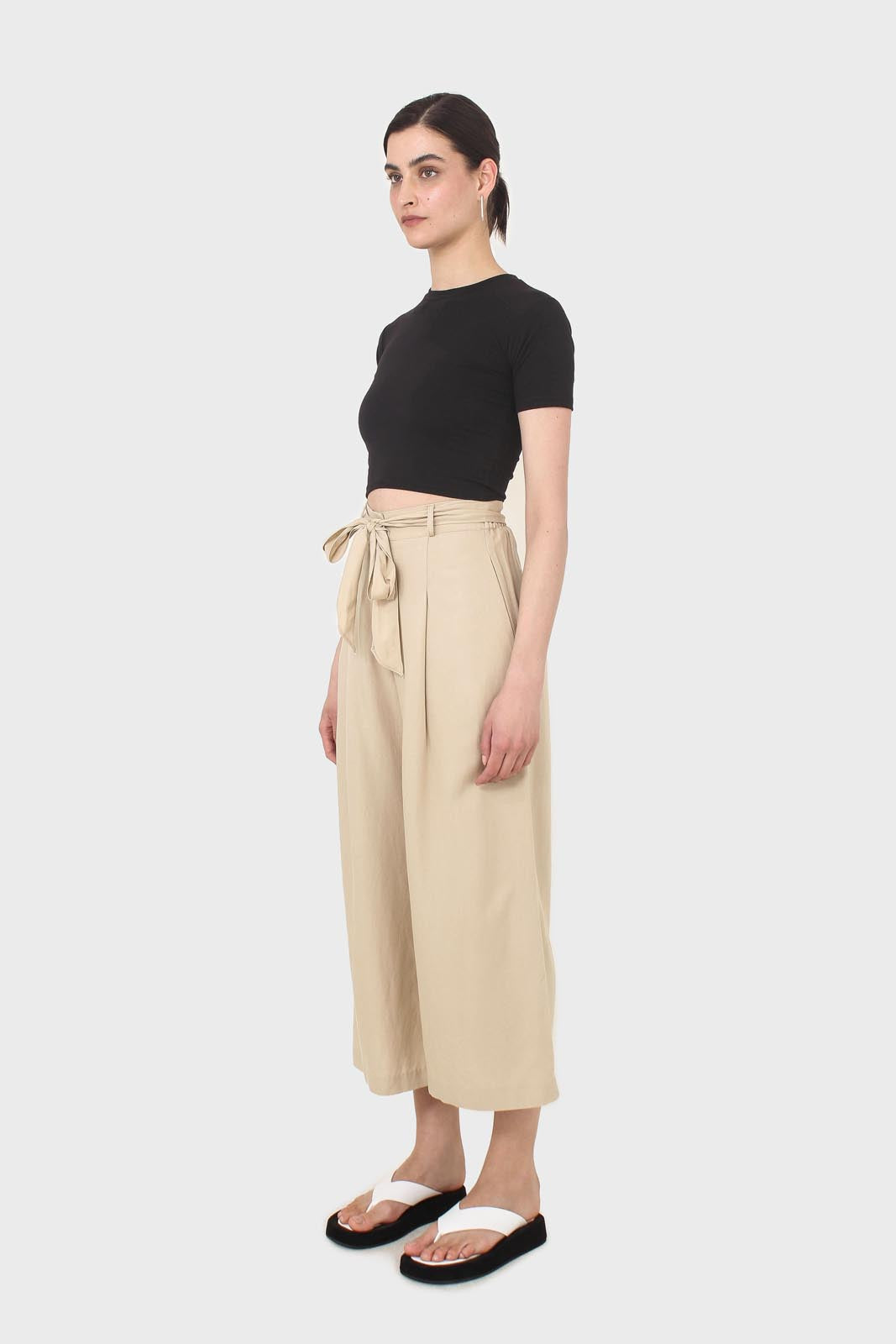 Beige soft tie waist wide leg trousers