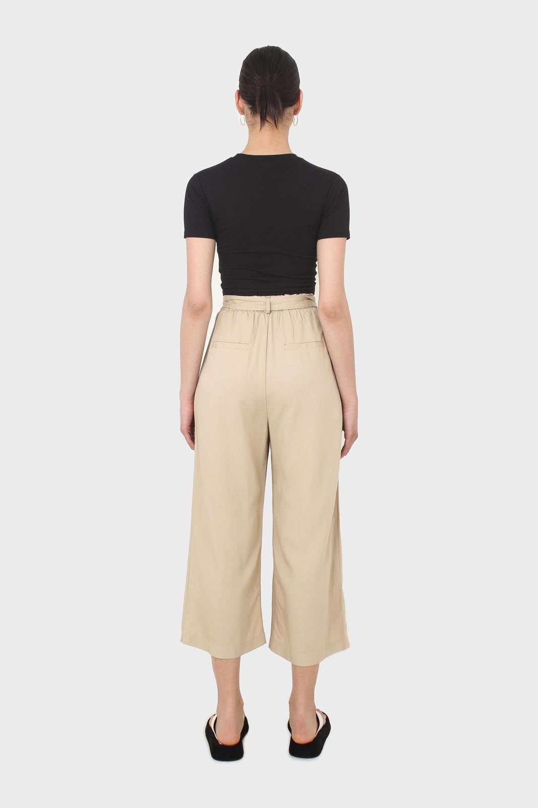 Beige soft tie waist wide leg trousers