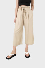 Beige soft tie waist wide leg trousers