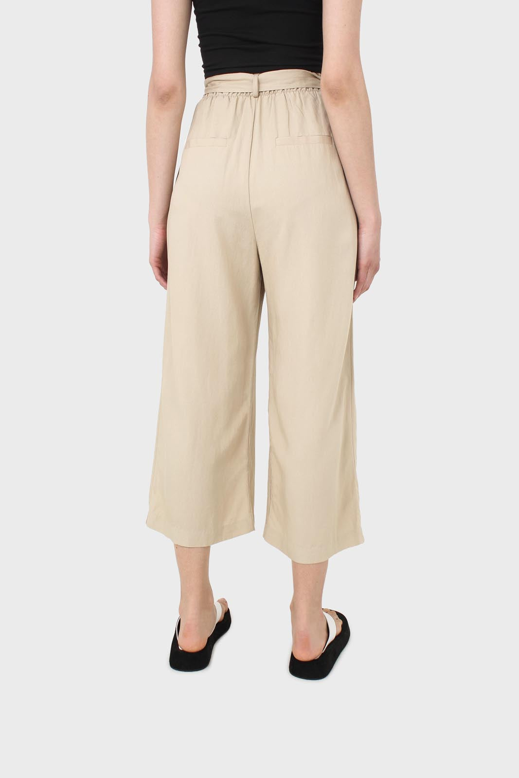 Beige soft tie waist wide leg trousers
