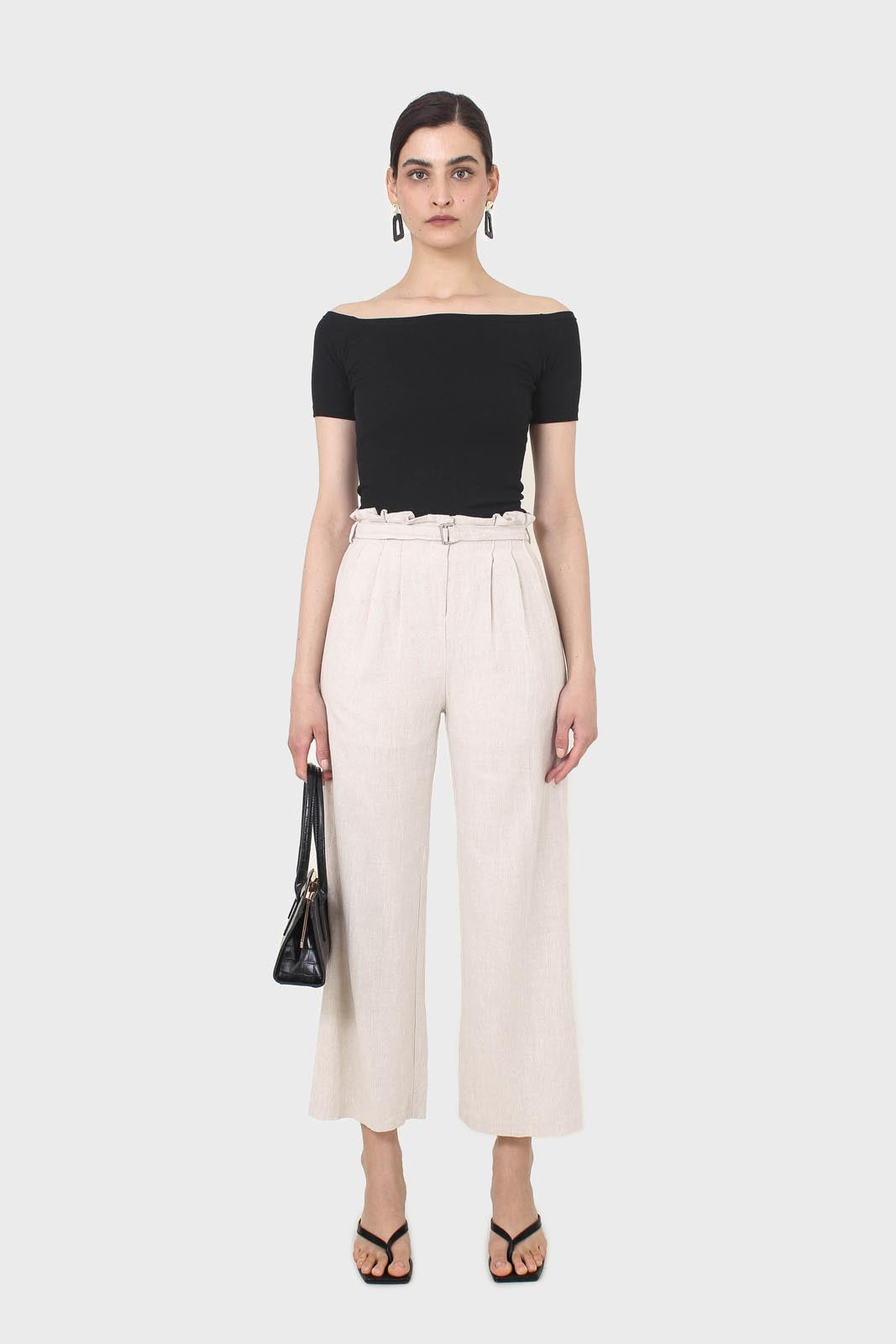 Oatmeal linen belted loose fit trousers
