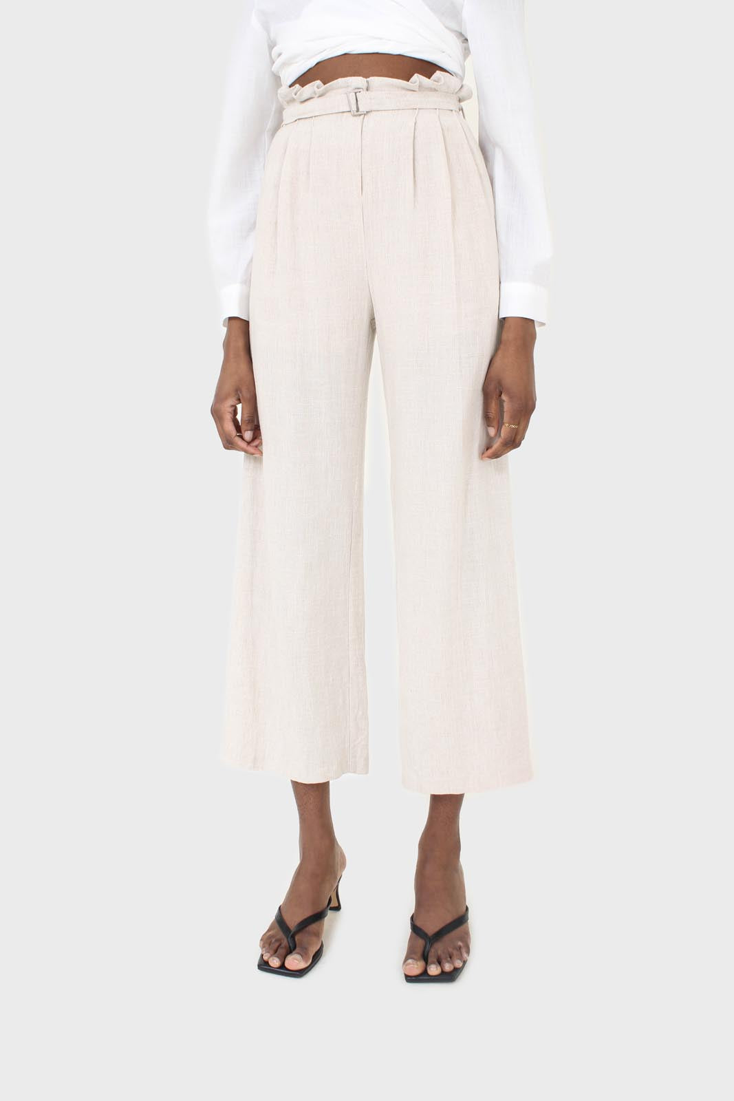 Oatmeal linen belted loose fit trousers