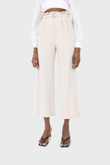 Oatmeal linen belted loose fit trousers
