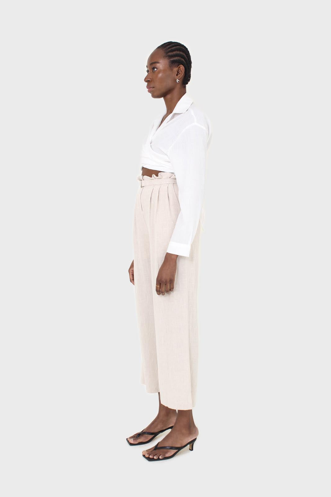 Oatmeal linen belted loose fit trousers