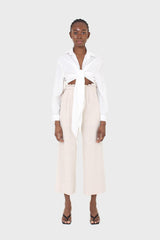 Oatmeal linen belted loose fit trousers