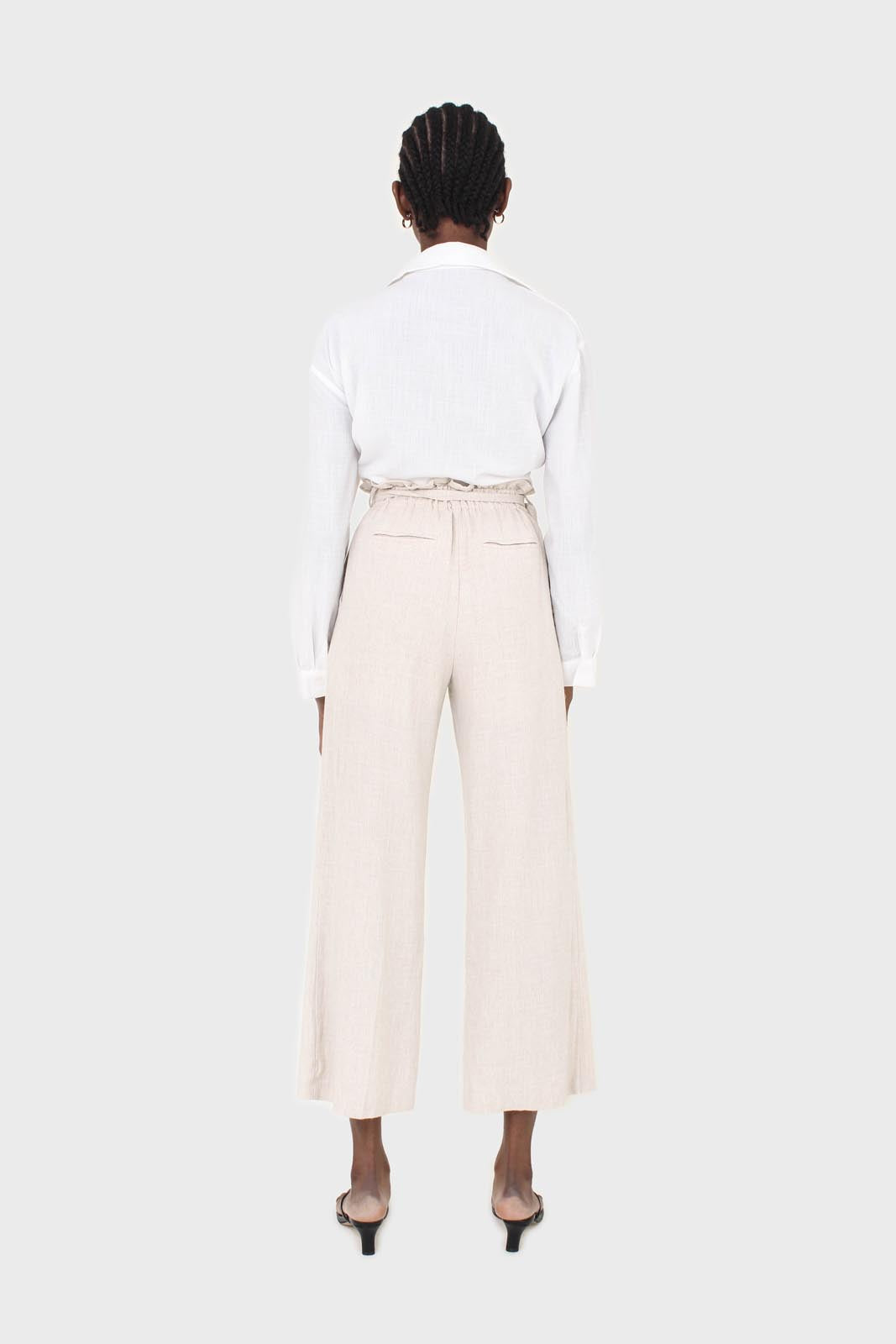 Oatmeal linen belted loose fit trousers