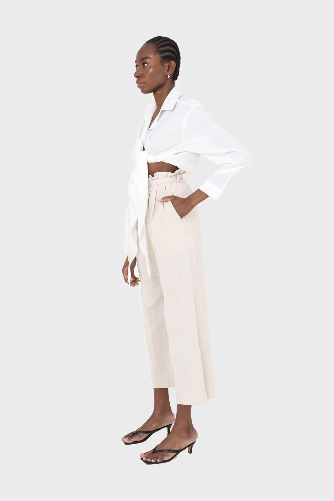 Oatmeal linen belted loose fit trousers