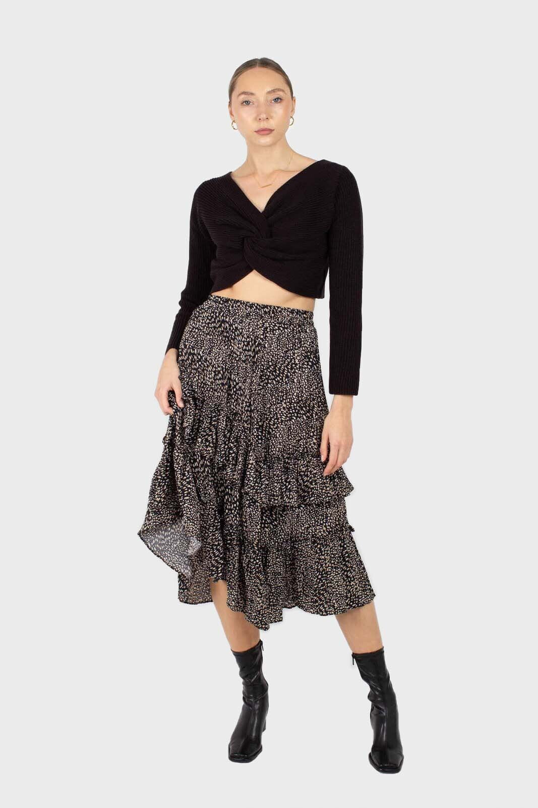 Black leopard print multi tier midi skirt