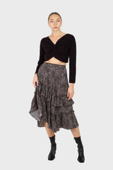 Black leopard print multi tier midi skirt