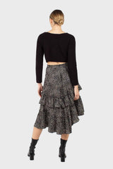 Black leopard print multi tier midi skirt