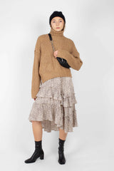 Beige leopard print multi tier midi skirt