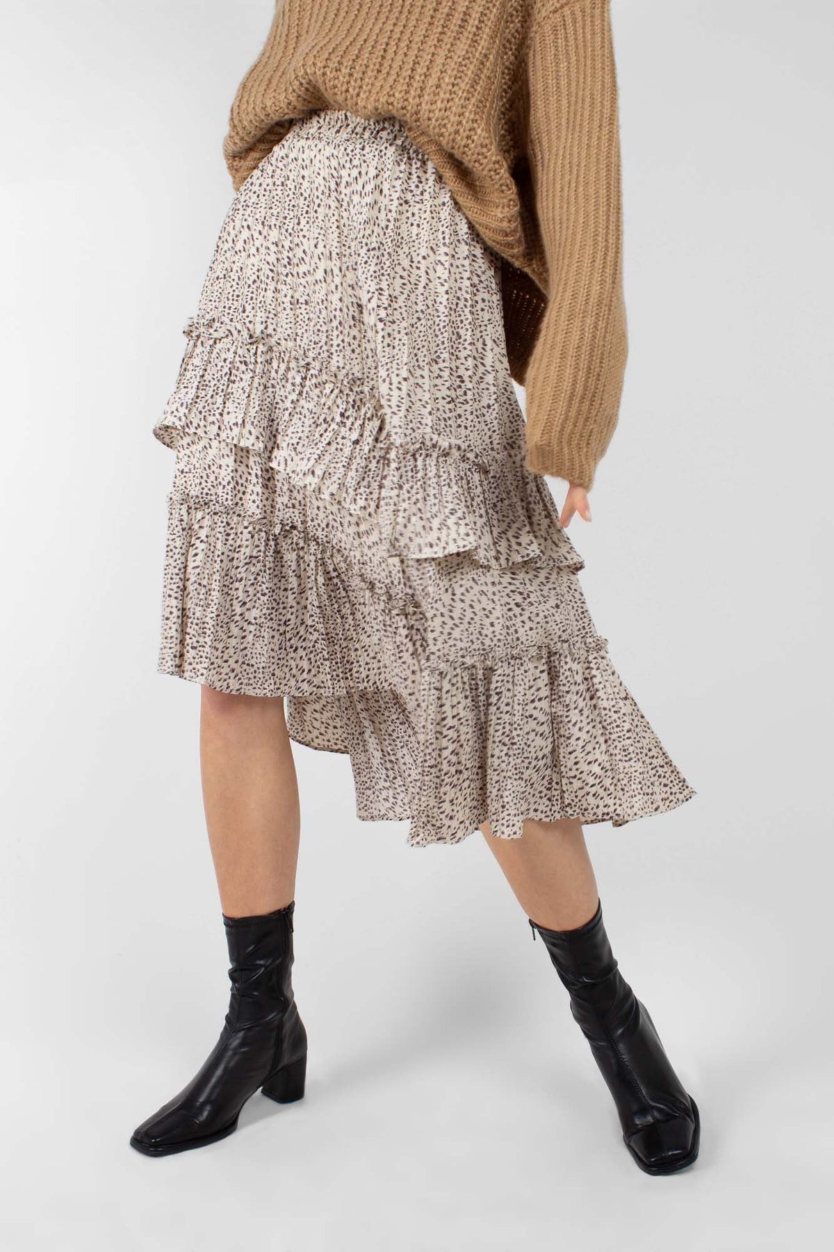 Beige leopard print multi tier midi skirt