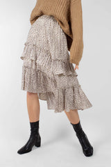 Beige leopard print multi tier midi skirt