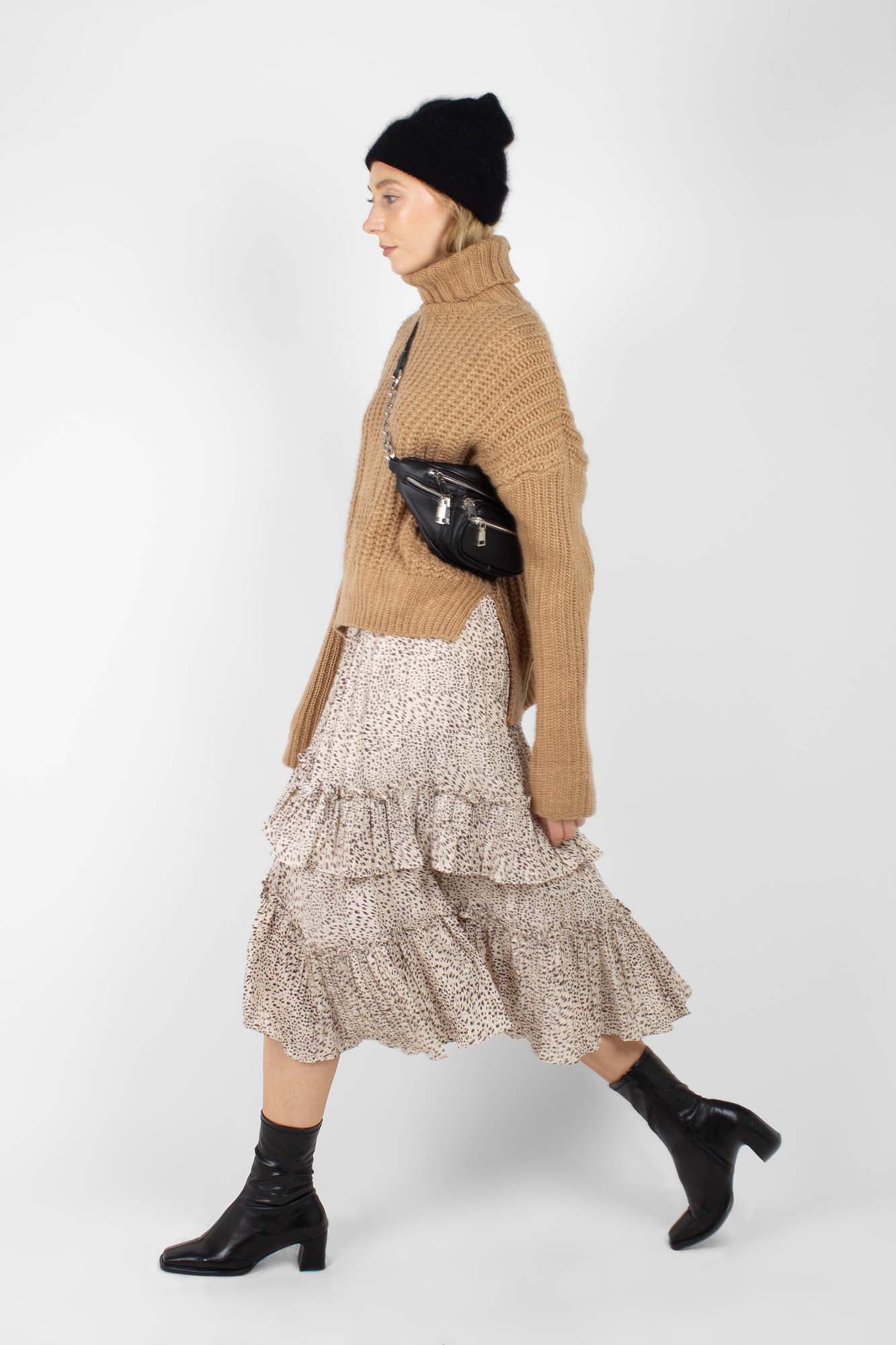 Beige leopard print multi tier midi skirt