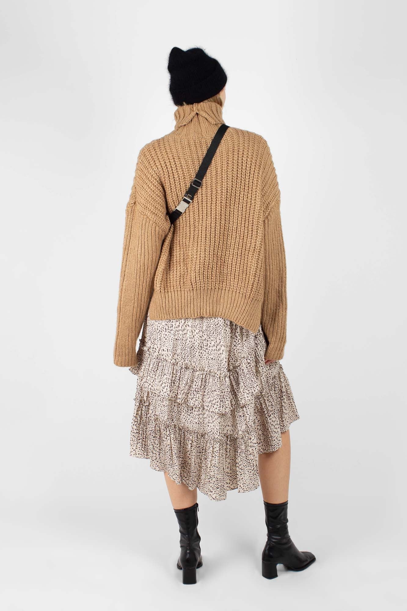Beige leopard print multi tier midi skirt