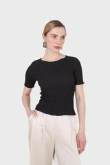Black smocked fitted short sleeved top