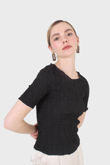 Black smocked fitted short sleeved top