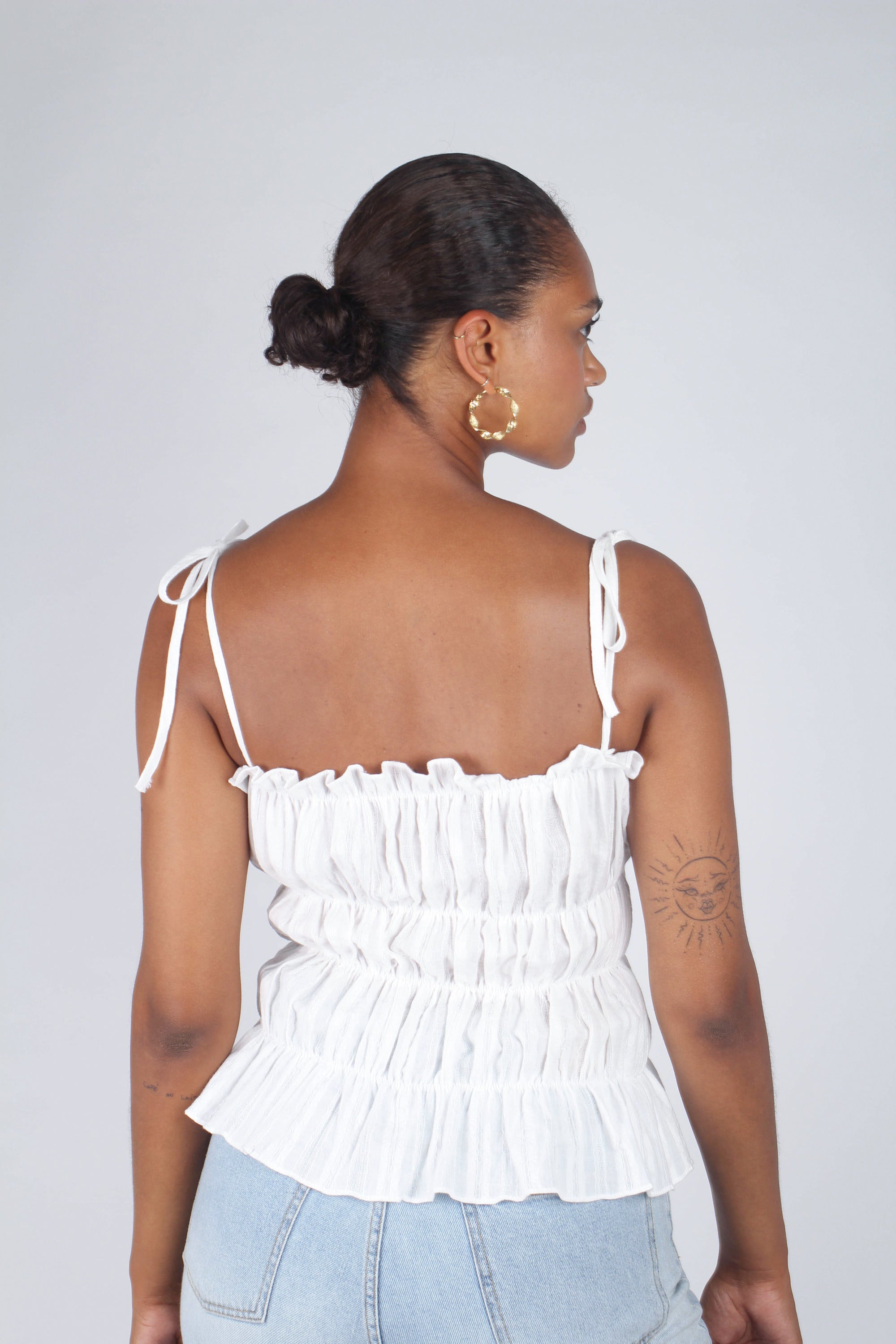 White smocked tie strap tank