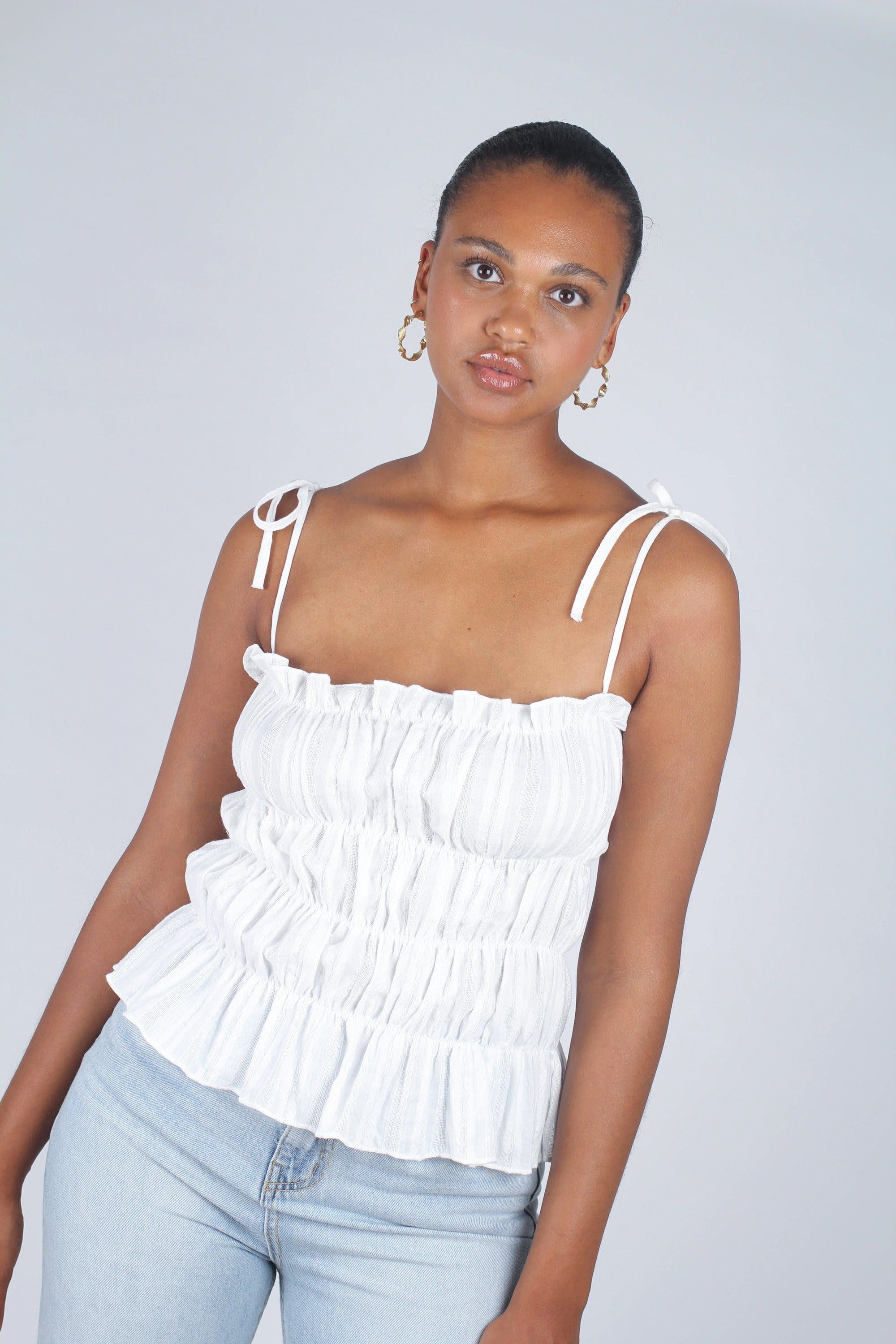 White smocked tie strap tank