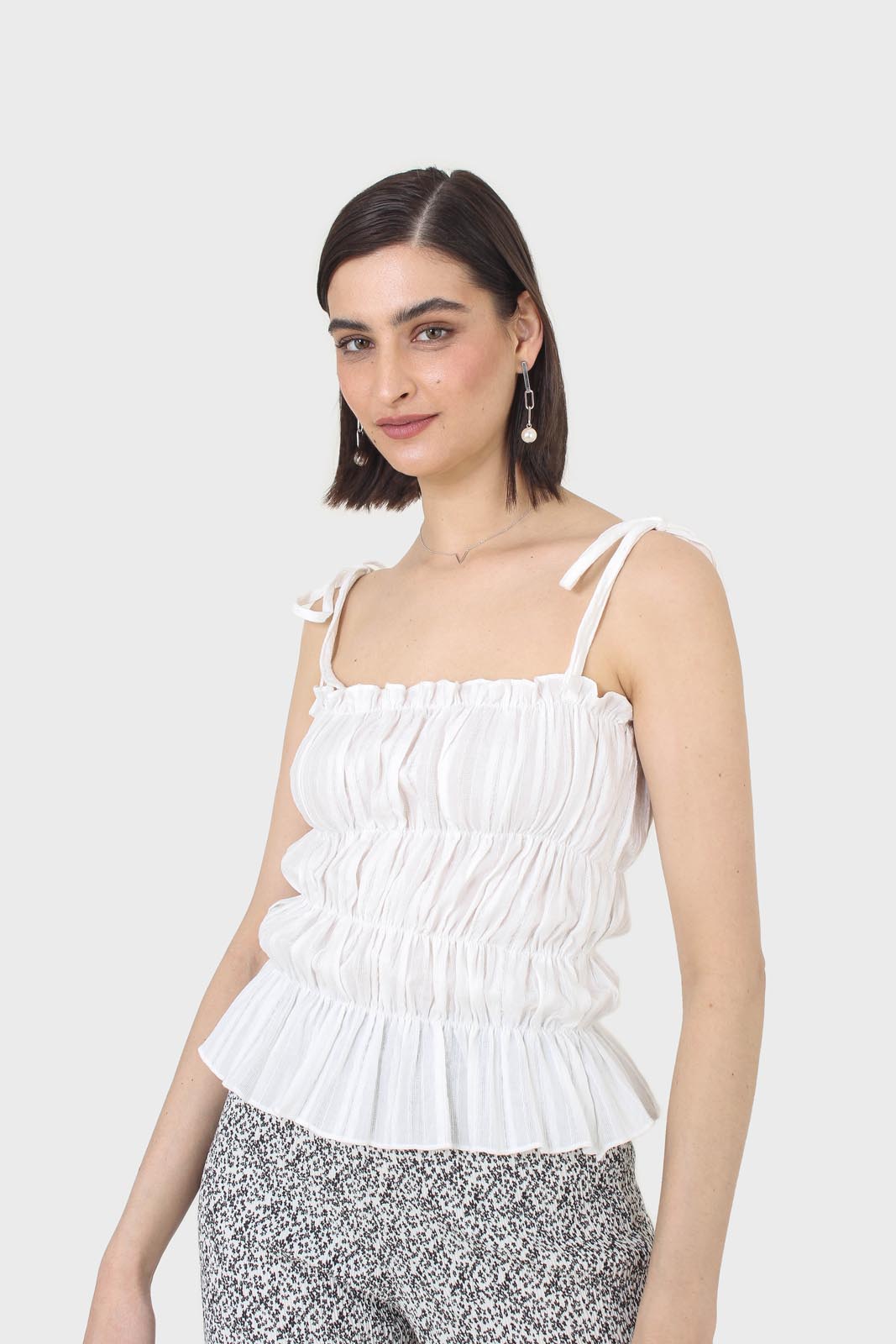 White smocked tie strap tank