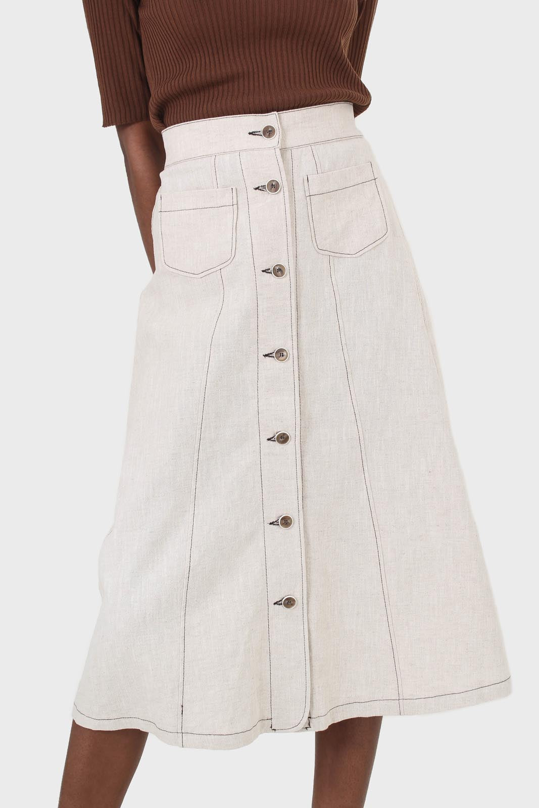 Beige contrast stitch patch pocket midi skirt
