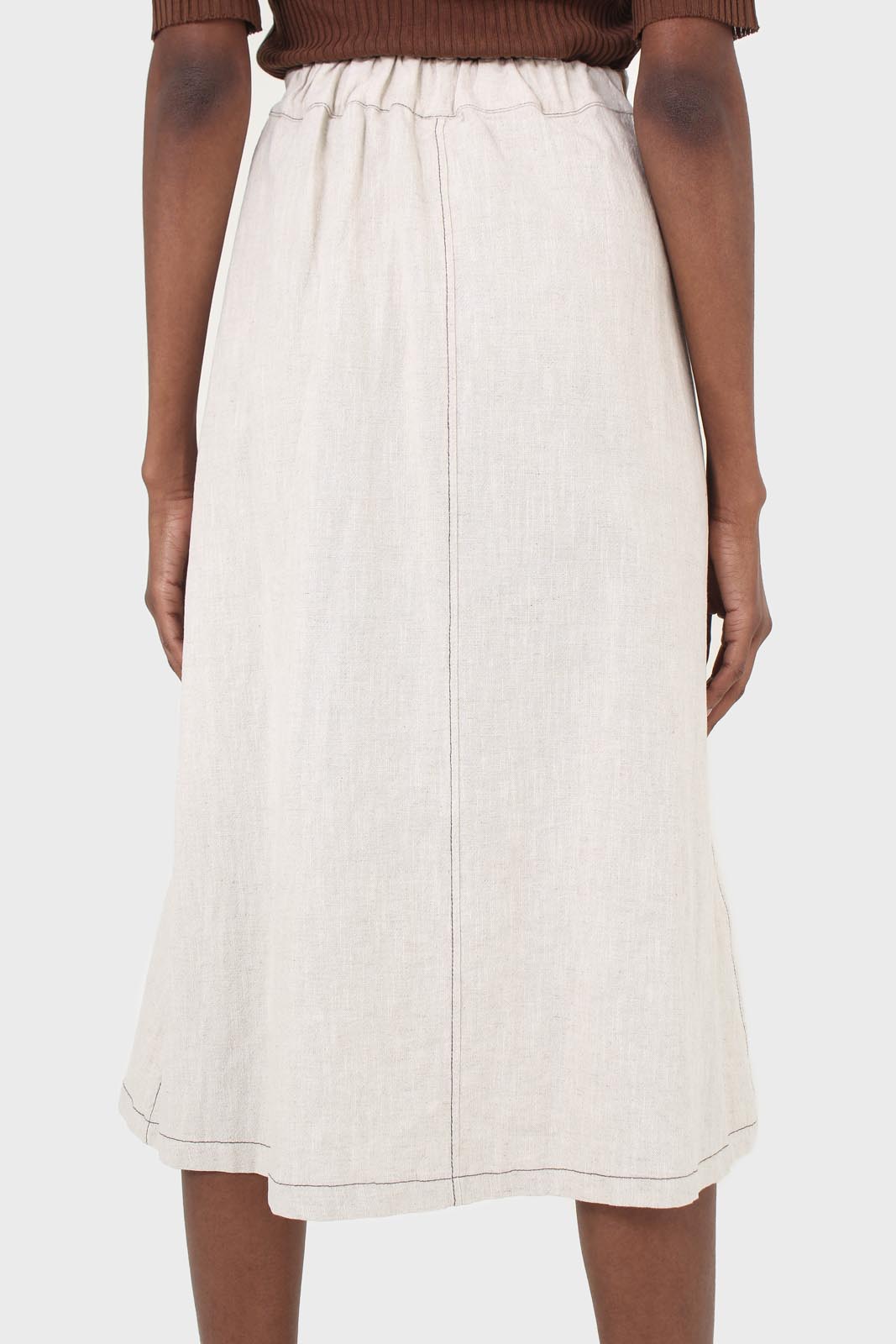 Beige contrast stitch patch pocket midi skirt