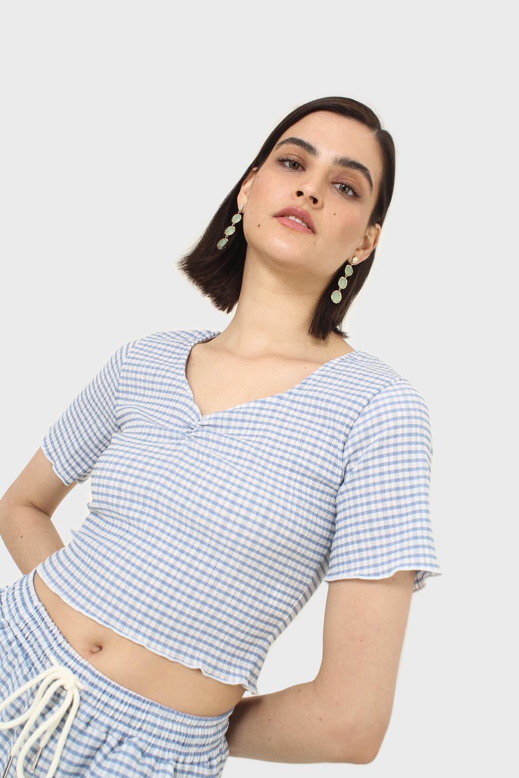Blue gingham ruched neck tee