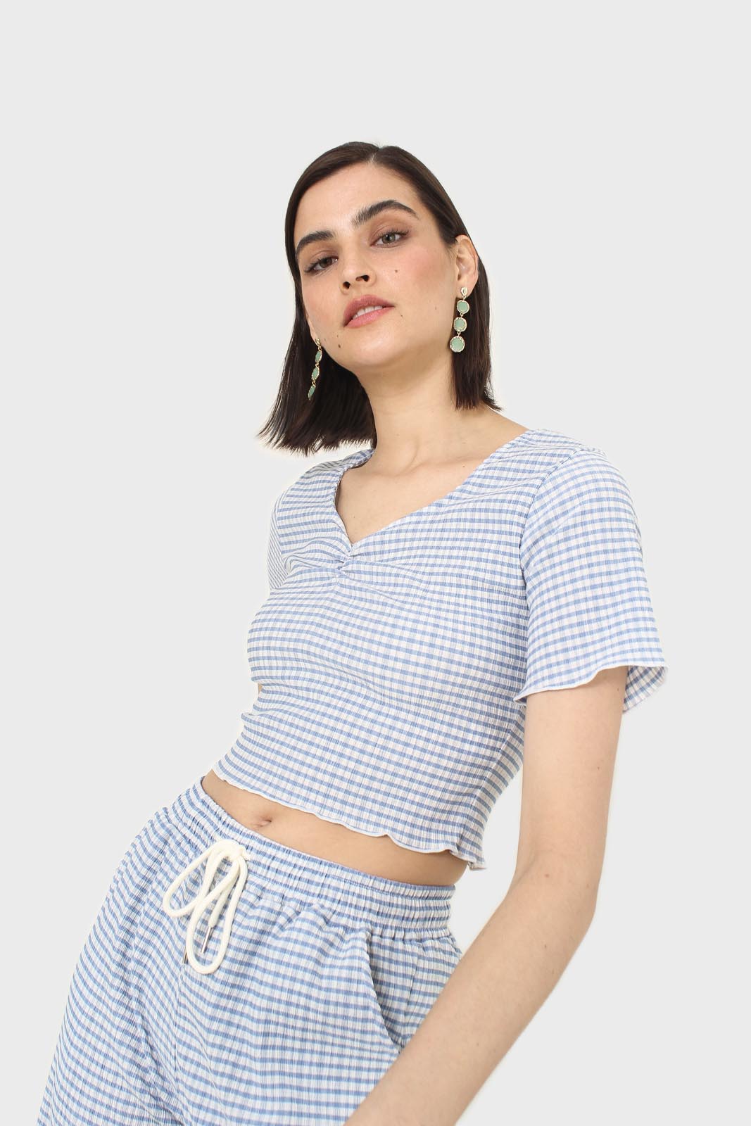 Blue gingham ruched neck tee