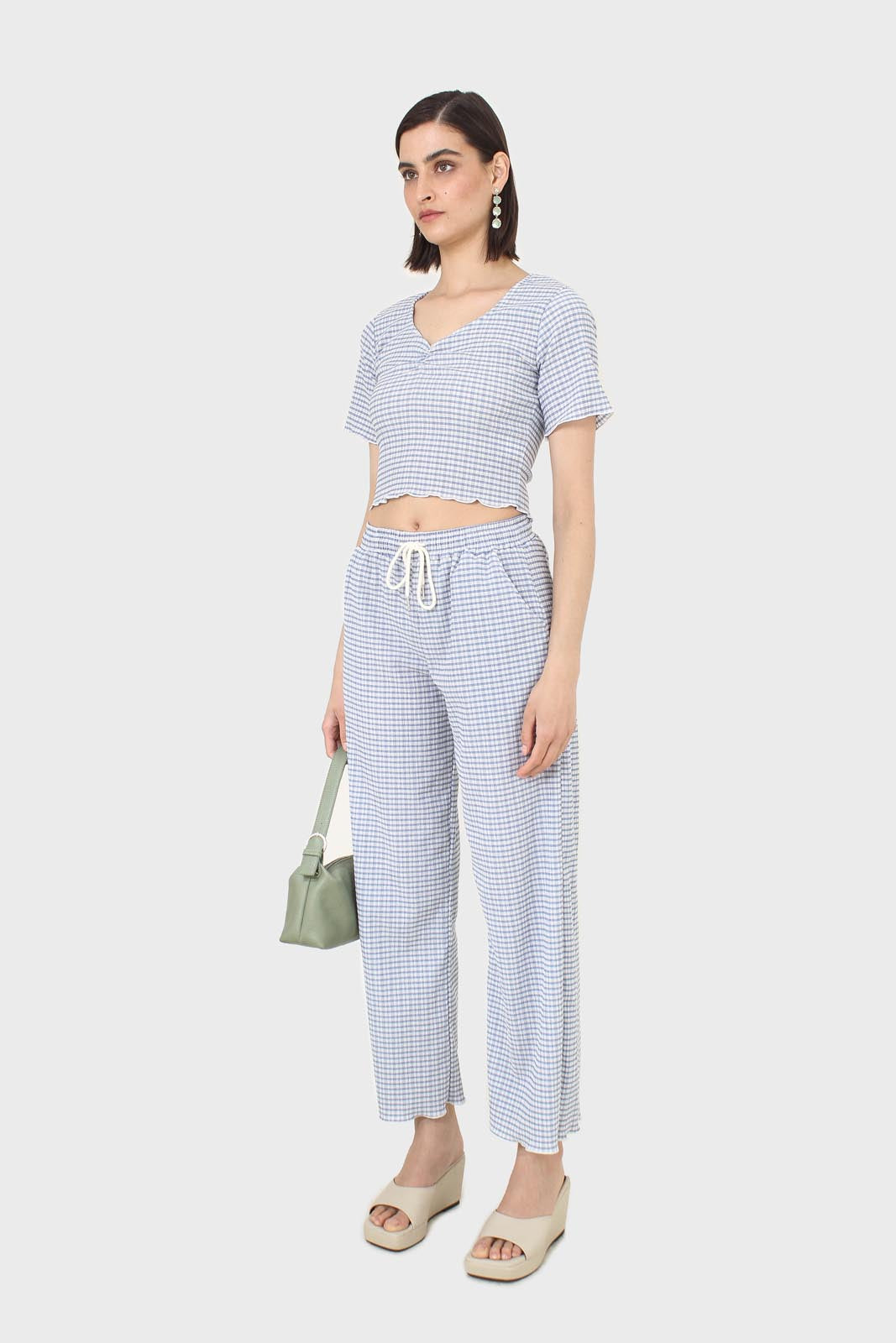 Blue gingham ruched neck tee