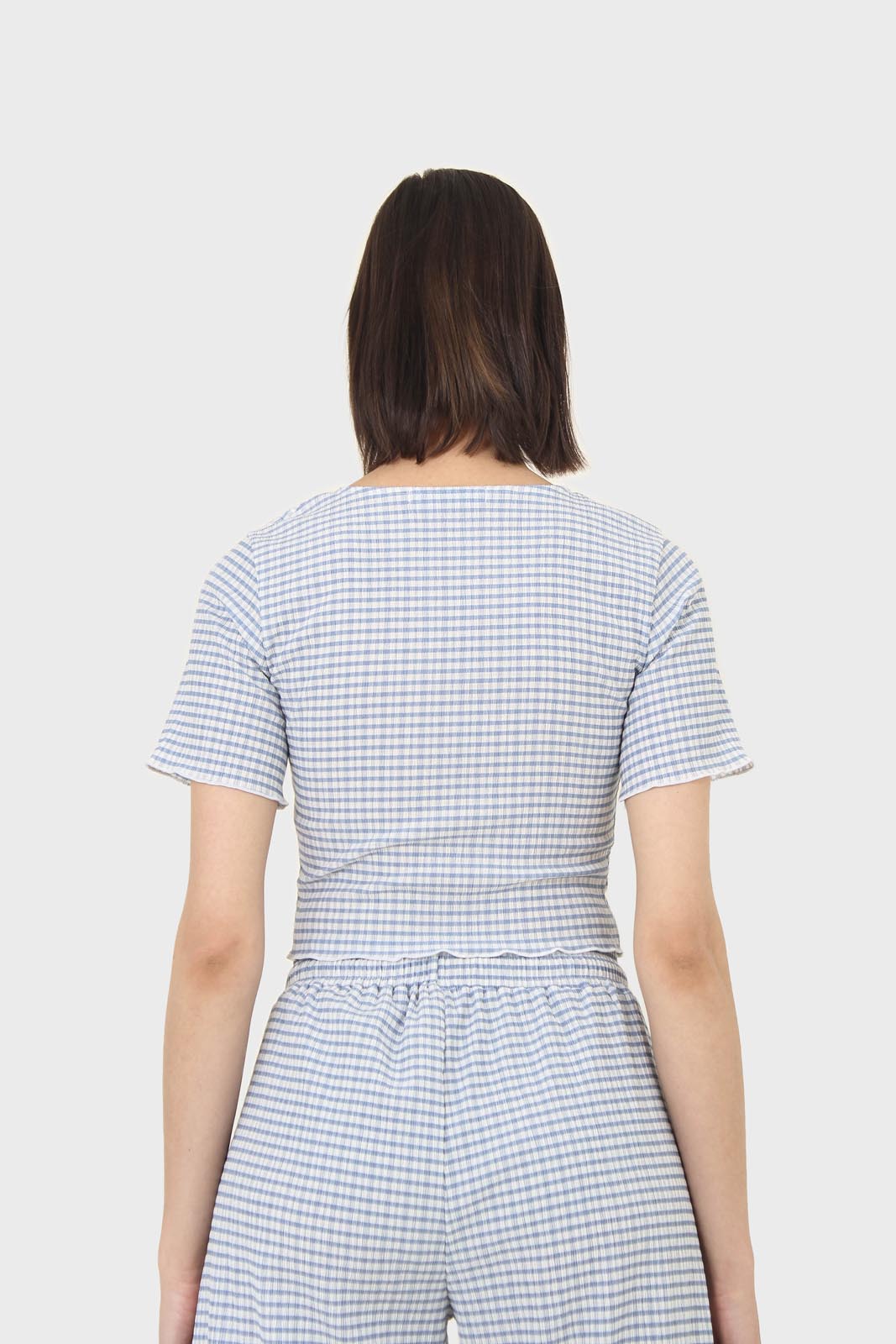 Blue gingham ruched neck tee