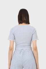 Blue gingham ruched neck tee