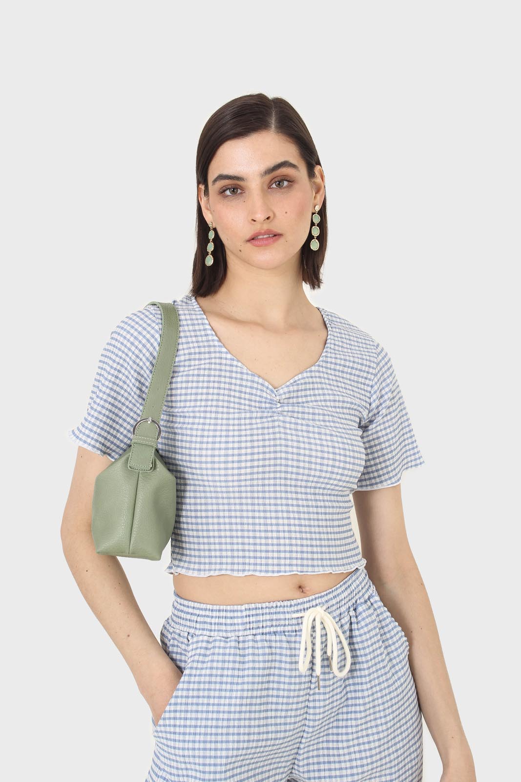 Blue gingham ruched neck tee