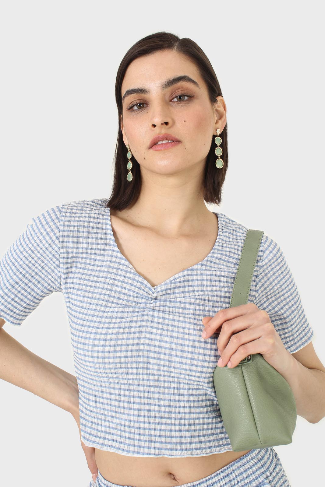 Blue gingham ruched neck tee