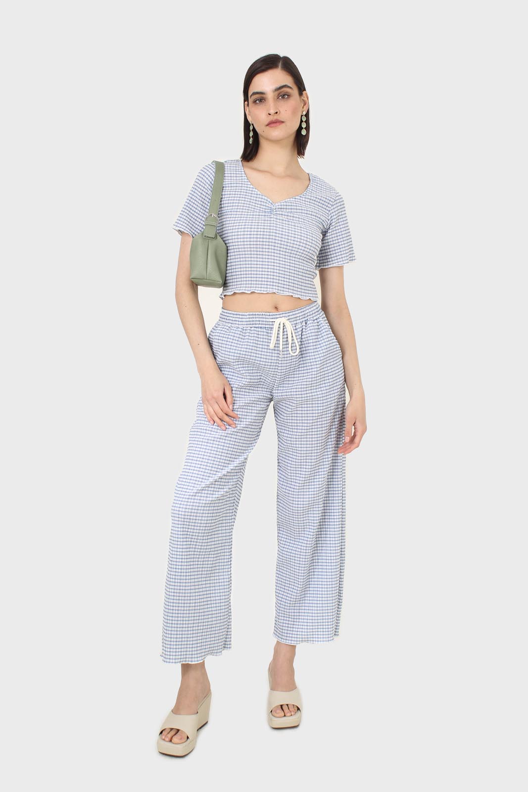 Blue gingham loose fit drawstring trousers