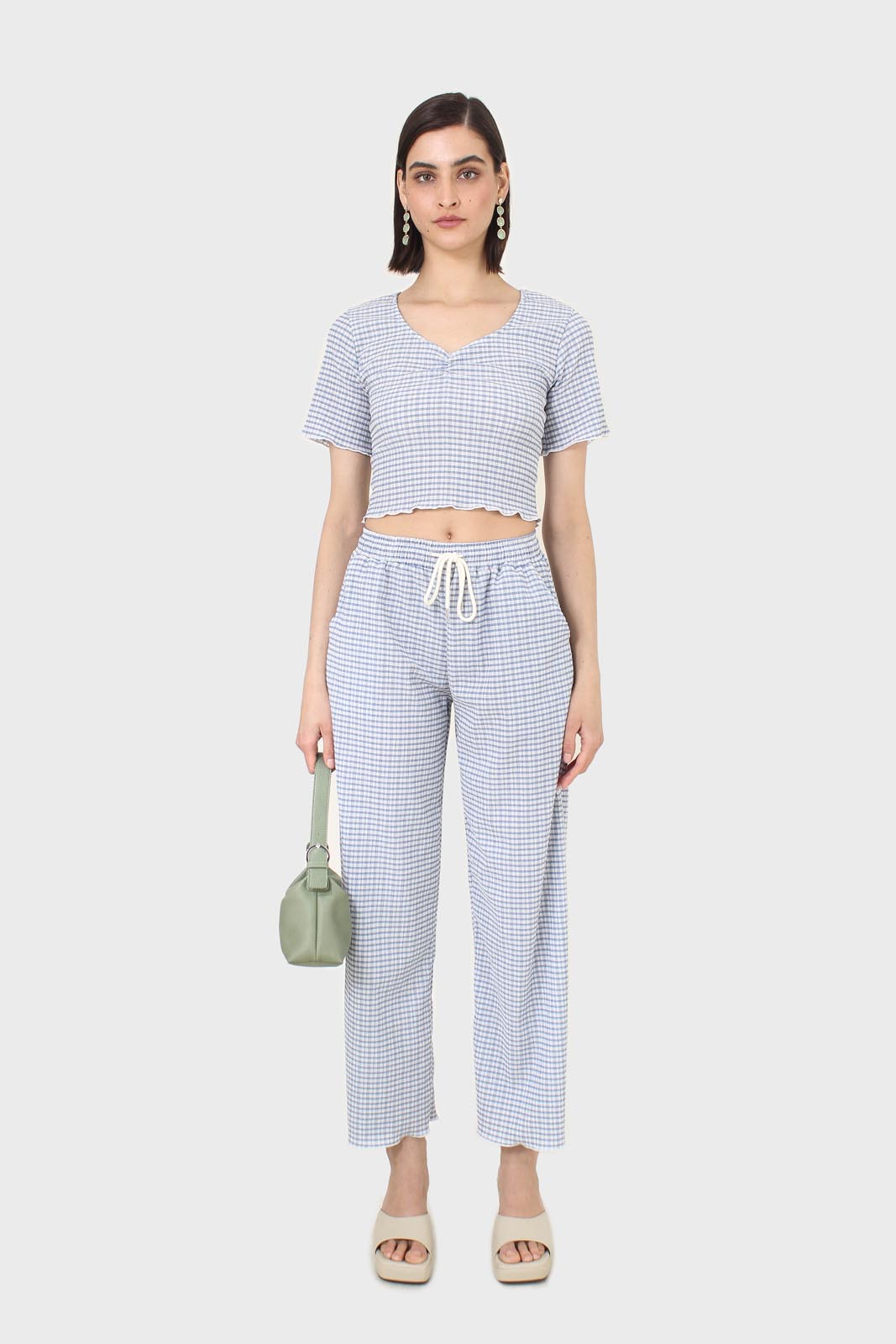 Blue gingham loose fit drawstring trousers