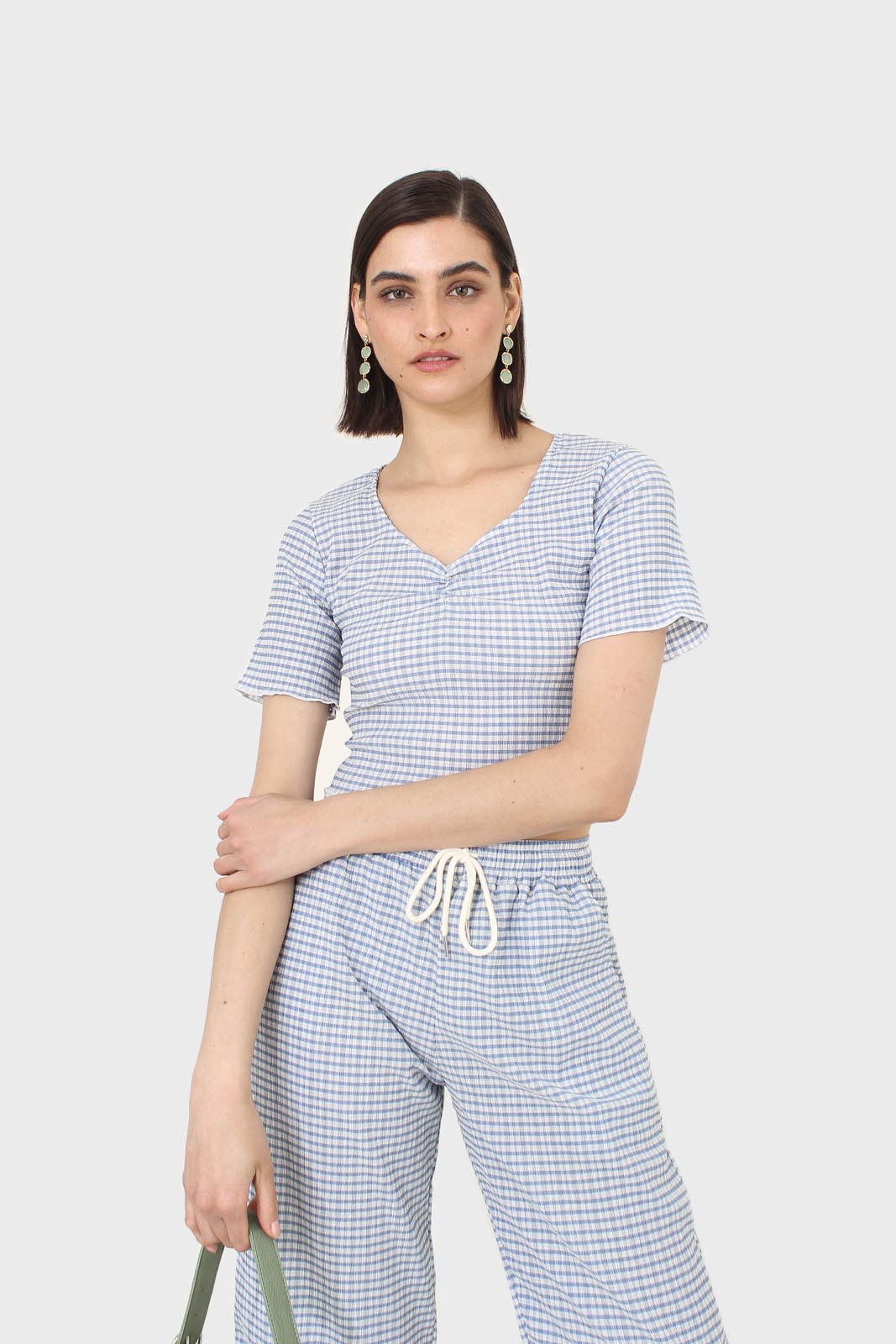 Blue gingham loose fit drawstring trousers
