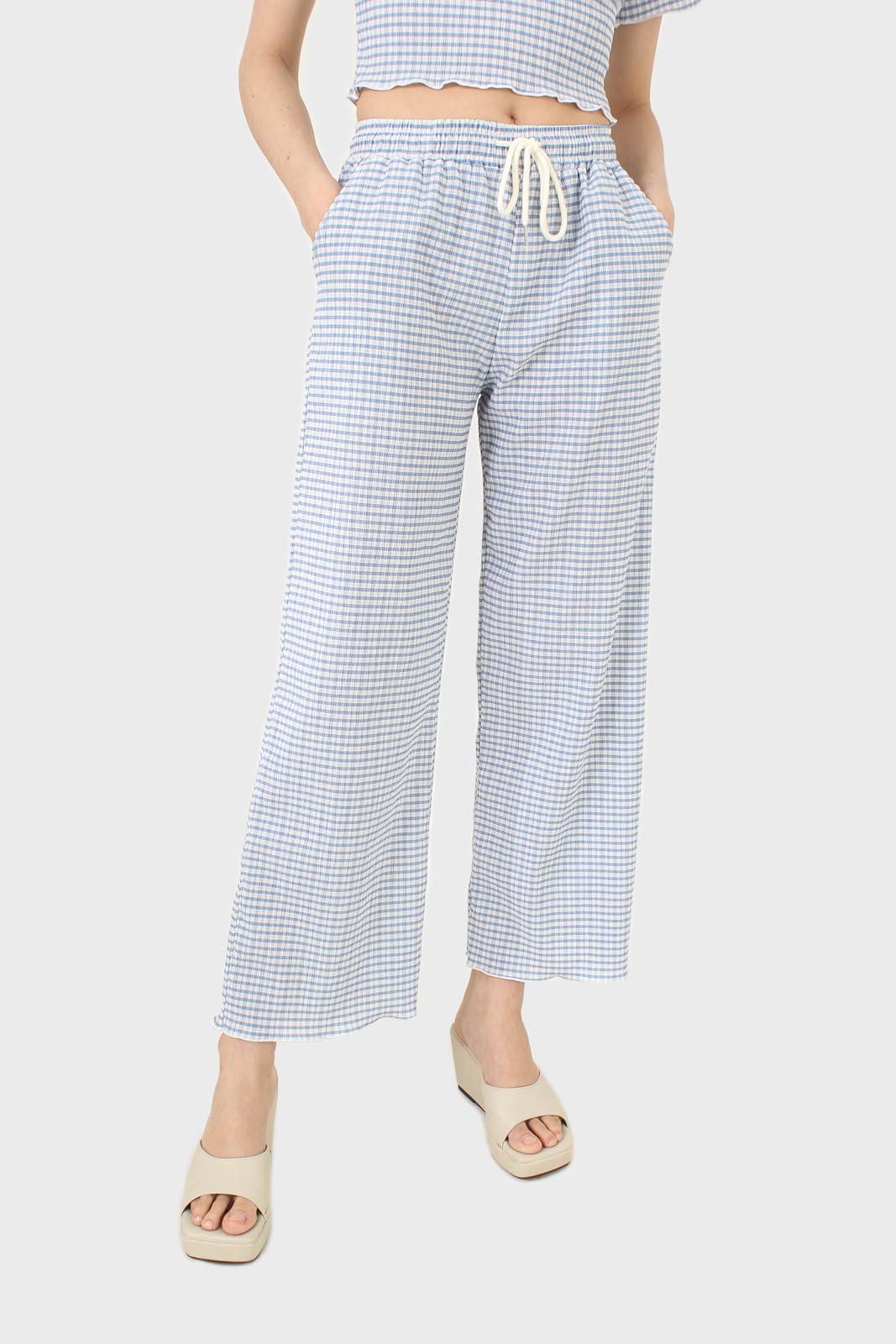 Blue gingham loose fit drawstring trousers
