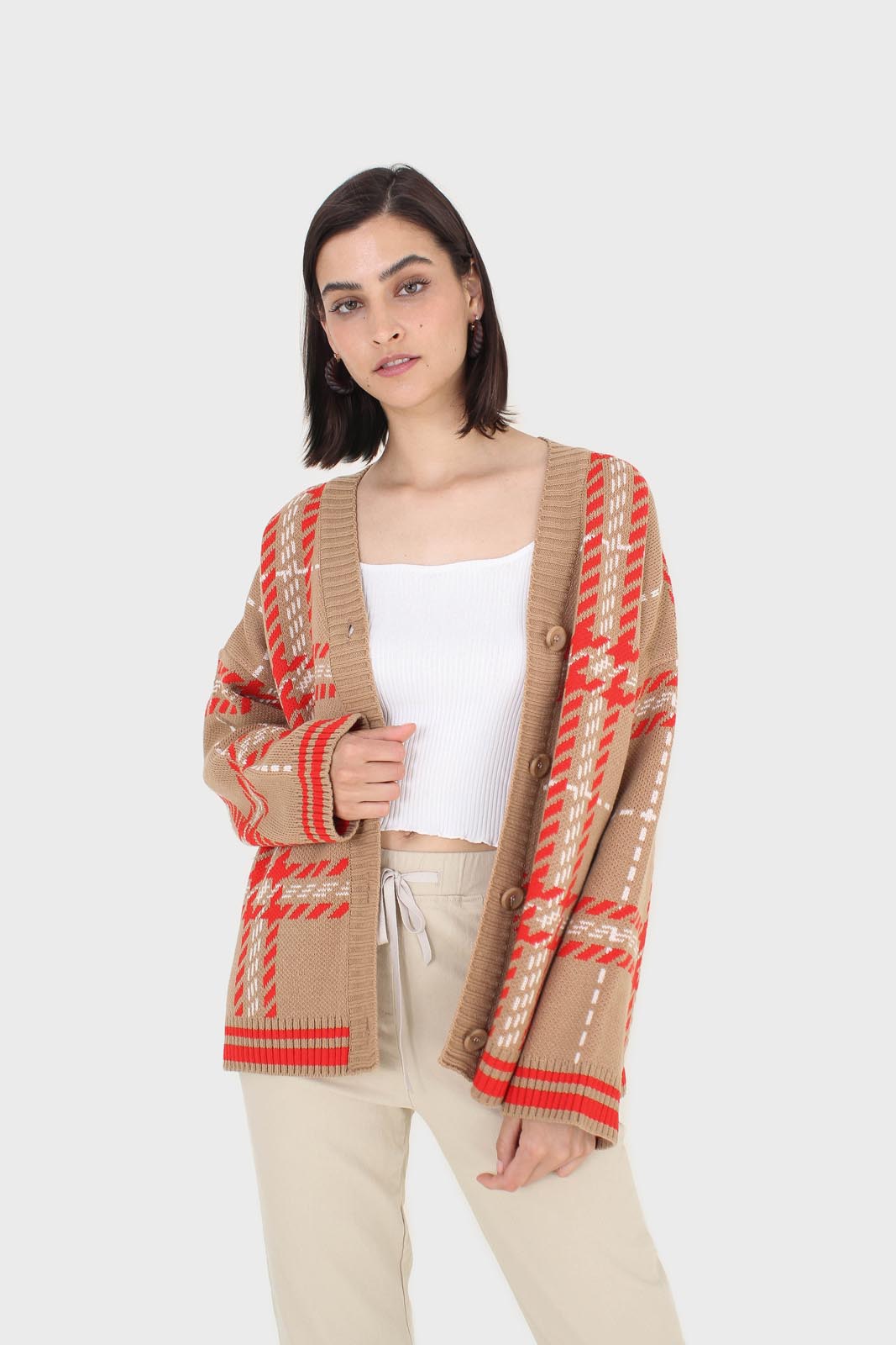 Camel and orange bold checked cardigan