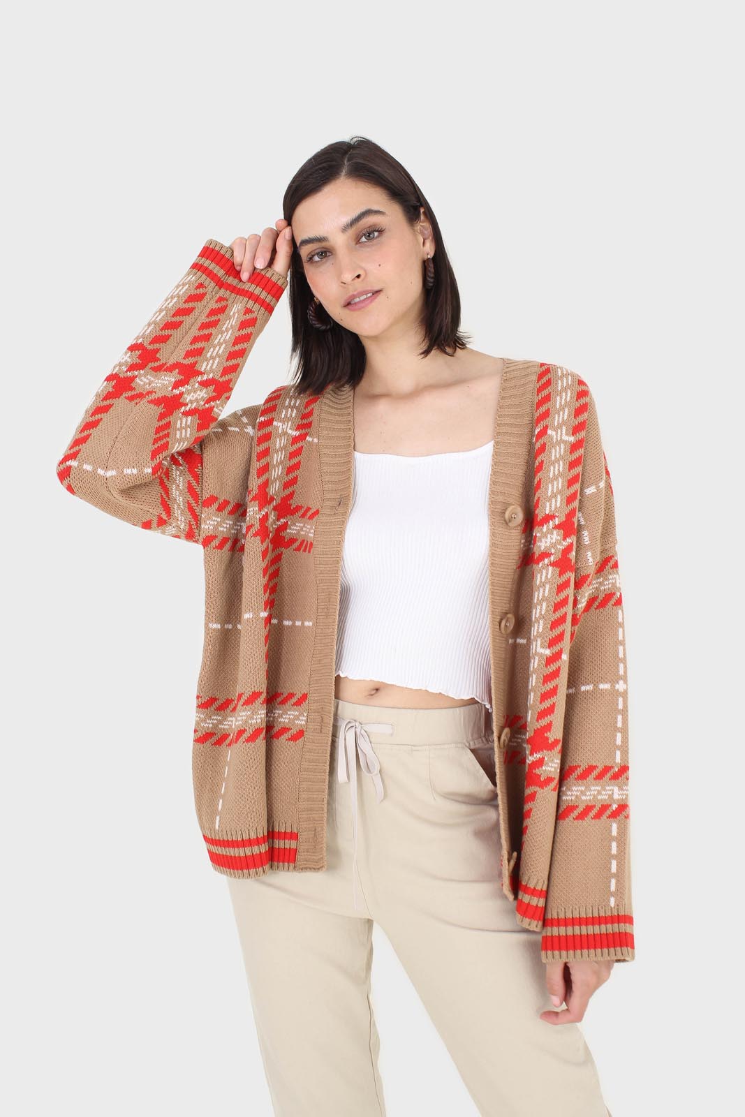Camel and orange bold checked cardigan