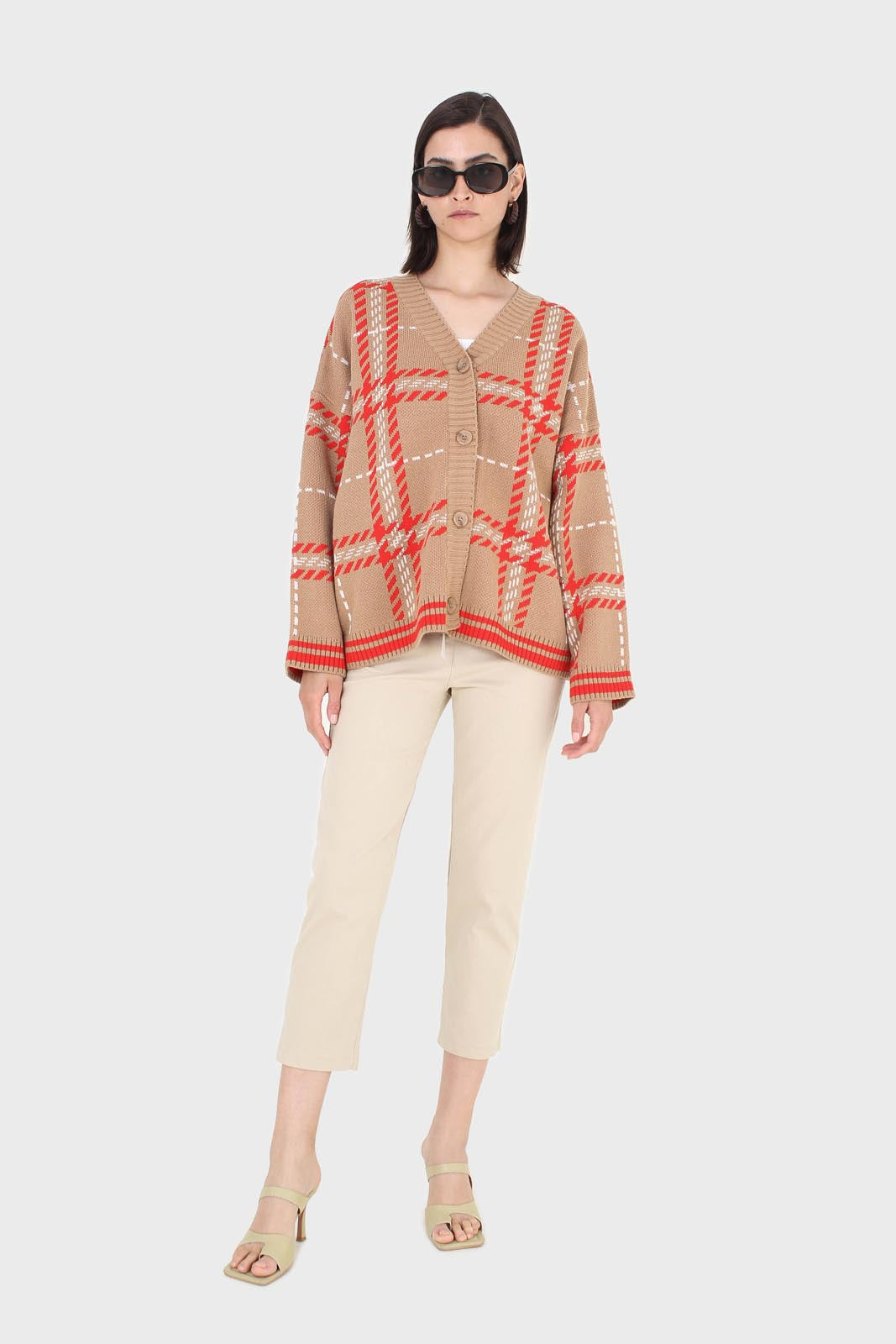 Camel and orange bold checked cardigan