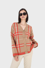 Camel and orange bold checked cardigan