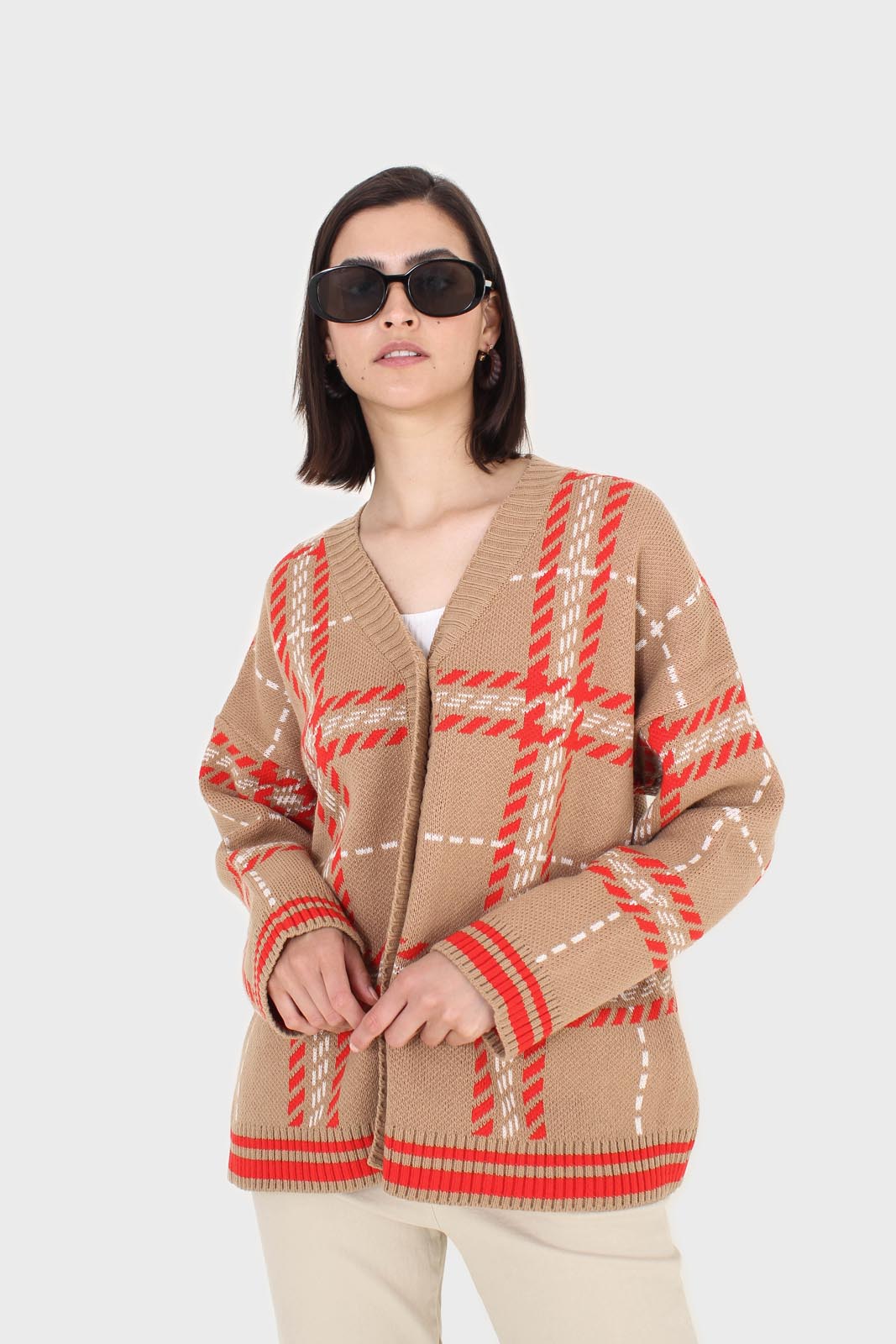Camel and orange bold checked cardigan
