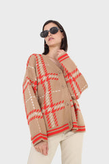 Camel and orange bold checked cardigan