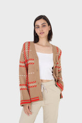 Camel and orange bold checked cardigan