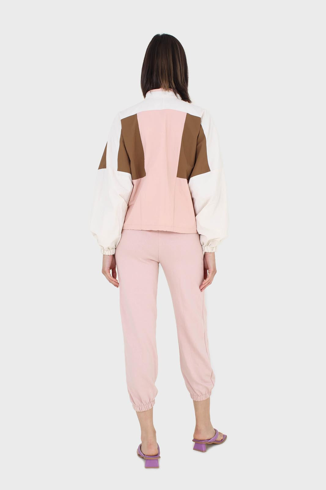 Pink and khaki colorblock nylon windbreaker