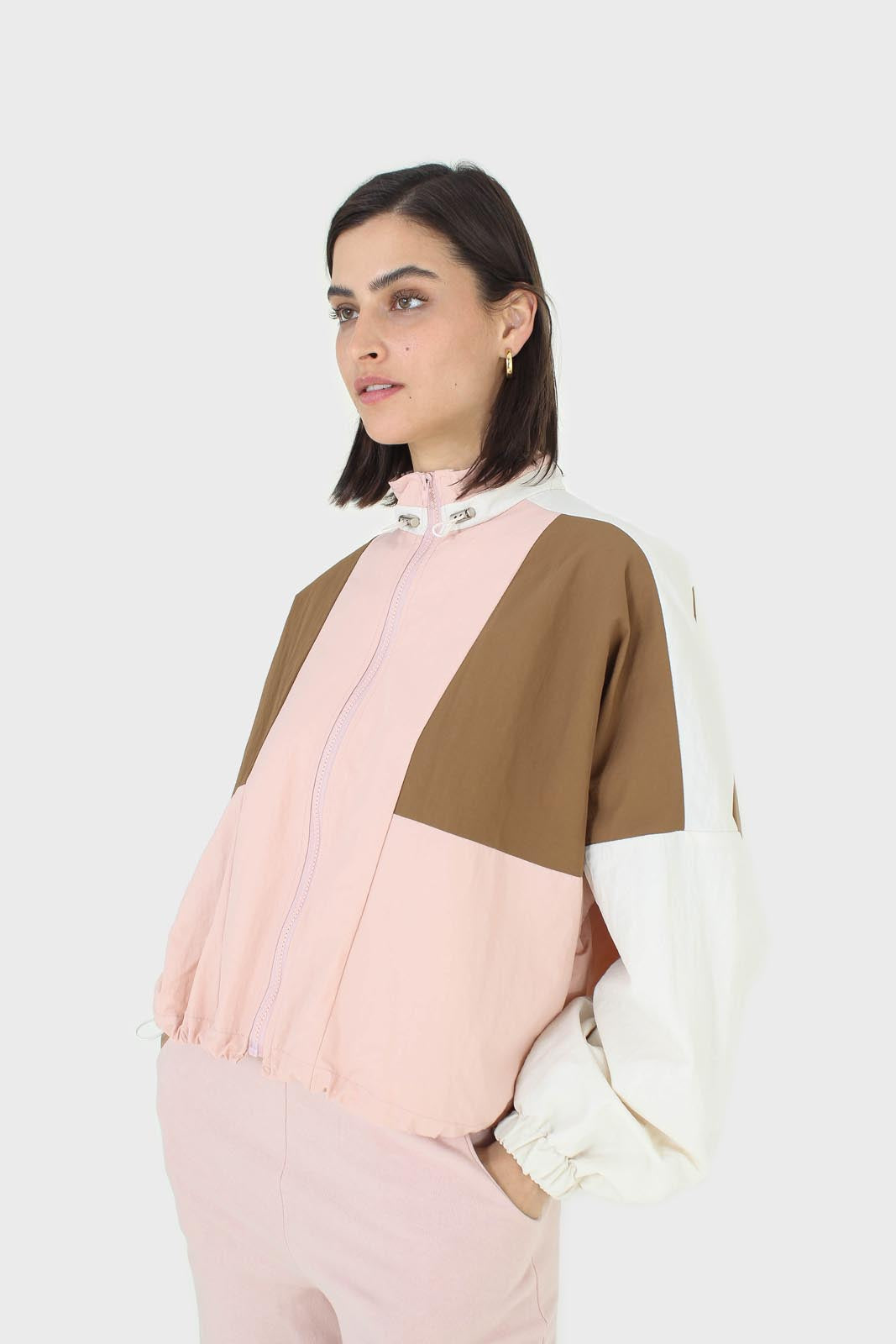 Pink and khaki colorblock nylon windbreaker