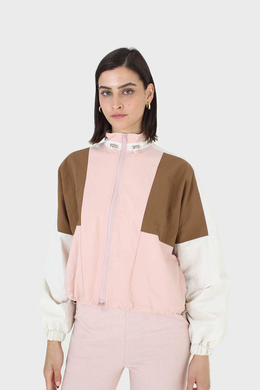 Pink and khaki colorblock nylon windbreaker