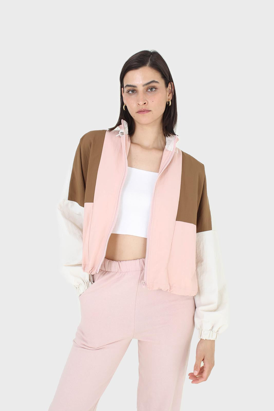 Pink and khaki colorblock nylon windbreaker