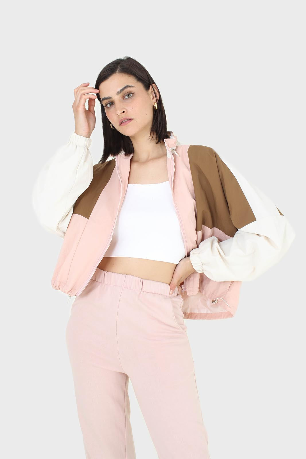 Pink and khaki colorblock nylon windbreaker